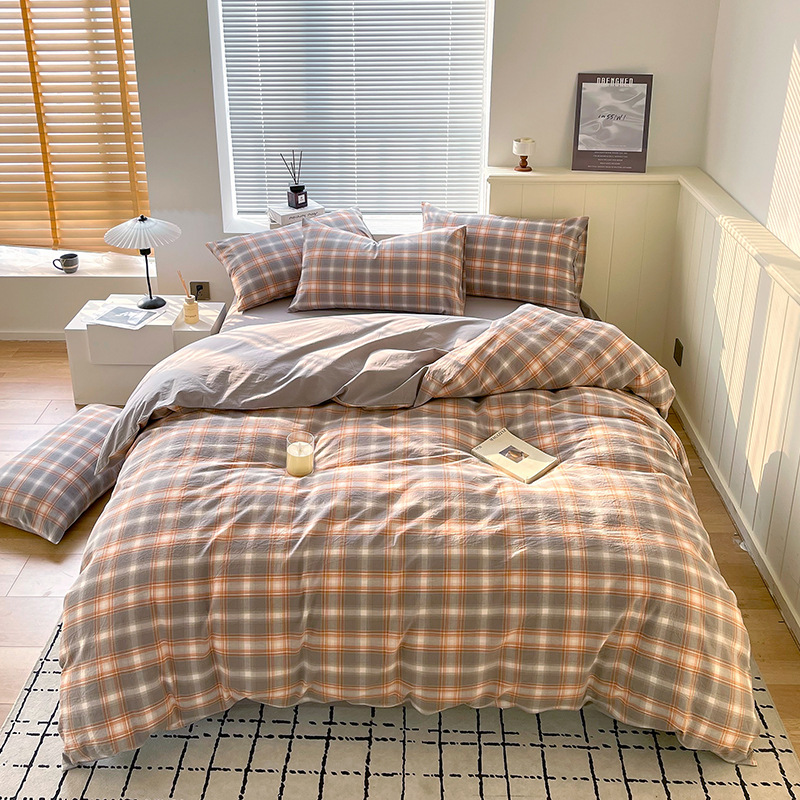 Juego de tres piezas de algodón lavado teñido en hilo, dormitorio de estudiantes universitarios, juego de literas, sábana, sábana, sábana, juego de cuatro piezas