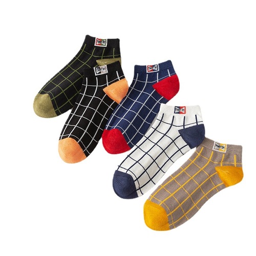 Spring and summer socks for men, pure cotton checkered trendy casual boat socks, college style short-tube low-top men's socks, four-season short socks