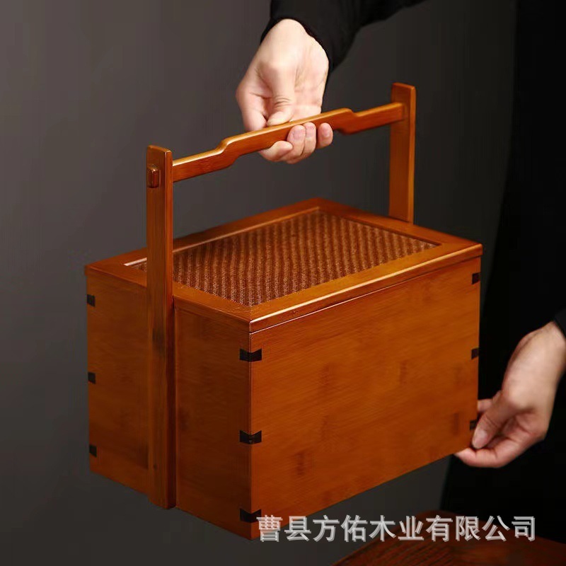 木质手提月饼盒双层蛋黄月饼点心包装盒茶具提篮食盒中秋节礼品盒|undefined