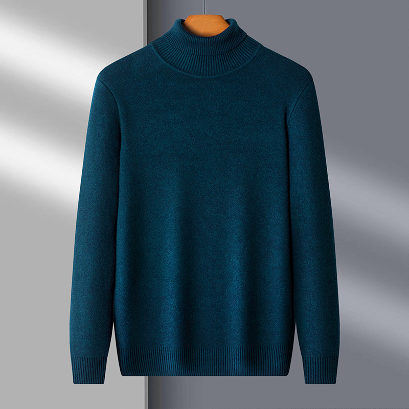 Neuer langärmliger Strickpullover für Männer mittleren Alters und junger Männer im Herbst und Winter mit einfarbigem Plüschpullover mit doppeltem Kragen und einteiliger Plüsch-Slim-Passform_voghion.com