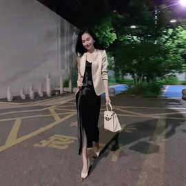 D2013春秋网红爆款洋气时尚西服高端遮肉显瘦外套+吊带裙两件套装