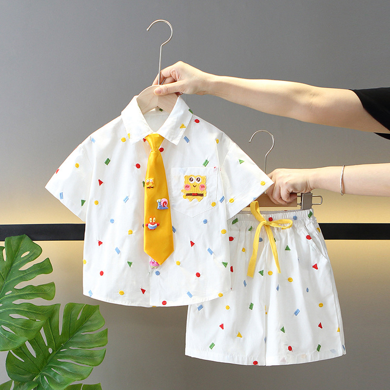 Boys' suit Summer Wear Children's White Summer Western Style Cartoon Printed Short-sleeved Shirt Shorts Children's Two-piece Set