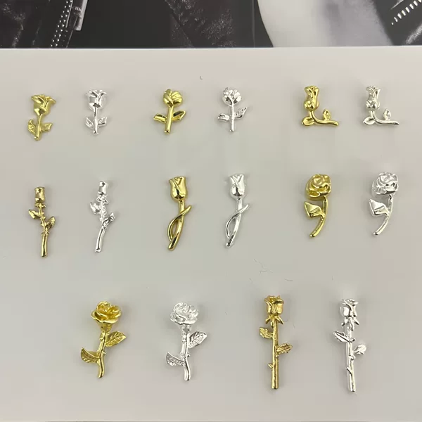 Cross-Border Alloy Rose Flower Nail Art Accessories Metal Three-Dimensional Studs Gold and Silver Flower Nail Decorations DIY Accessories