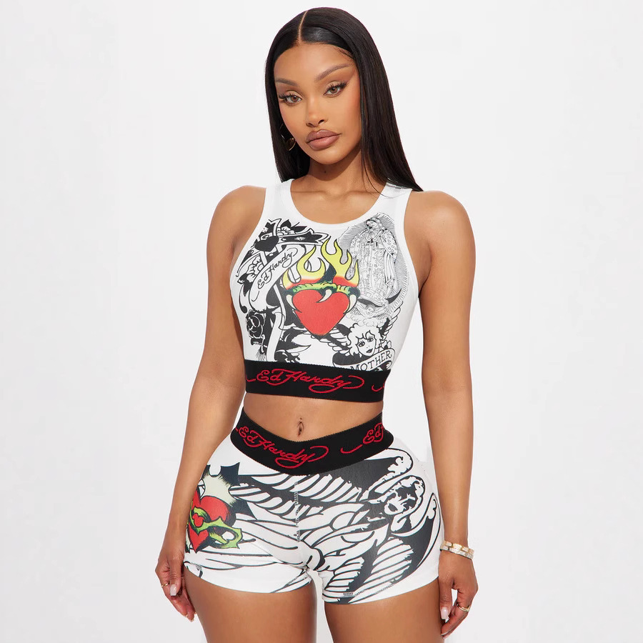 2025 cross-border European and American fashion positioning printed vest shorts suit
