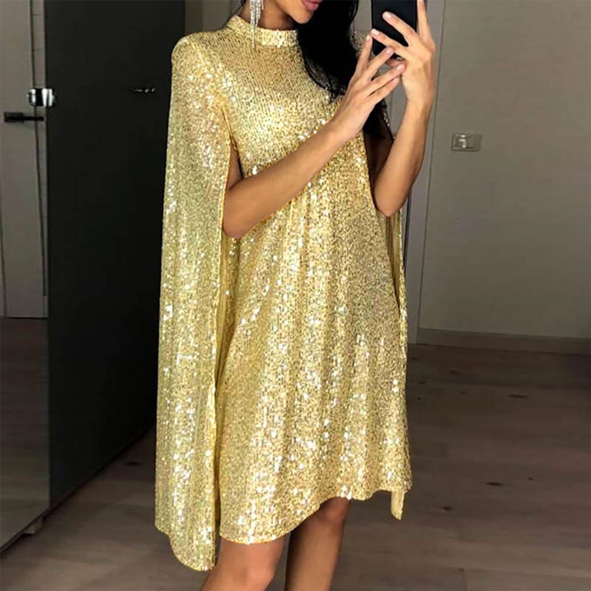 Women's Clothing small stand up collar sequined dress loose_senzul.com