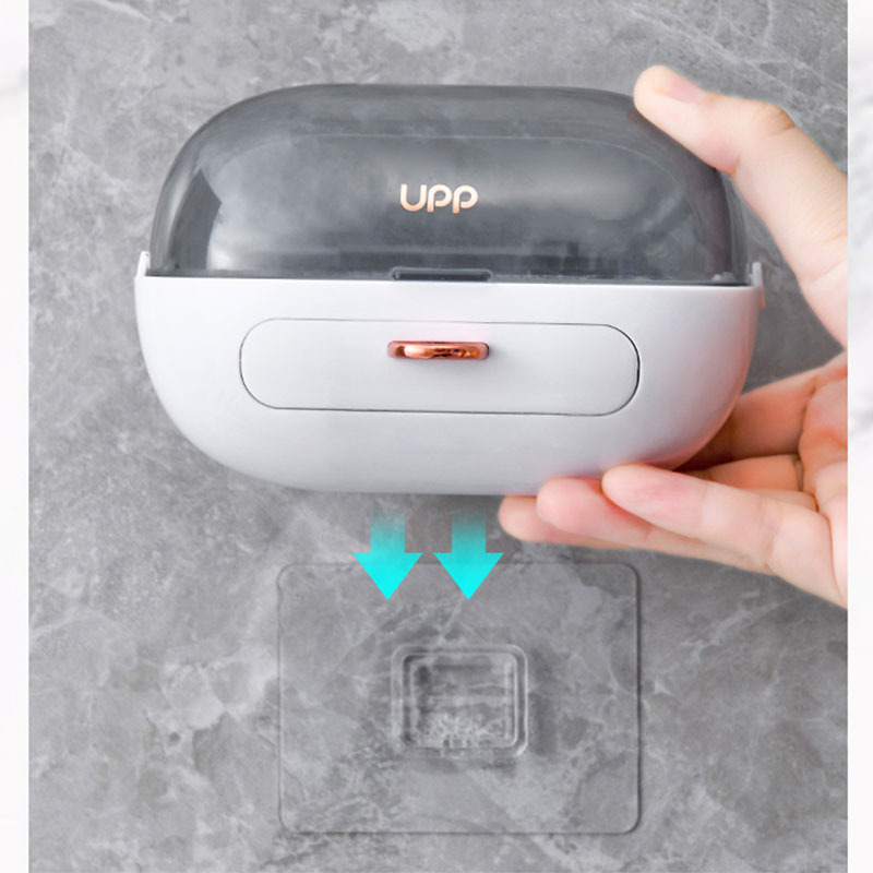 Caja de jabón de drenaje de doble capa montada en la pared transparente Flip jabón rack sin perforaciones impermeable a prueba de polvo con tapa