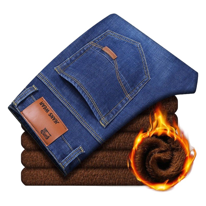 Comercio de ropa de invierno jeans de negocios de terciopelo elástico para hombres pantalones sueltos rectos de cintura alta resistentes al desgaste para hombres cómodos y casuales