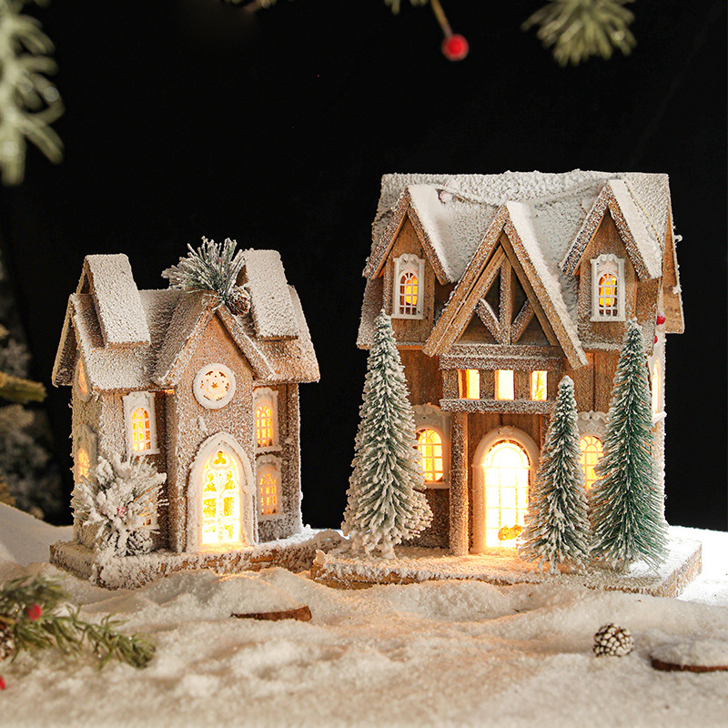 Navidad madera luminosa nieve paisaje casa de nieve decoración de cabaña europea retro madera pequeña casa de nieve
