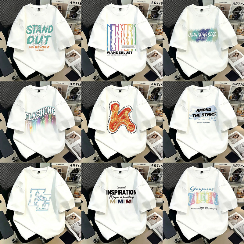 Trendy American-Style Pure Cotton T-Shirt for Women, 220g Short-Sleeve Unisex Street Fashion Brand T-Shirt with English Graphic Design, New Model Trendy American-Style Pure Cotton T-Shirt for Women, 220g Short-Sleeve Unisex Street Fashion Brand T-Shirt with English Graphic Design, New Model