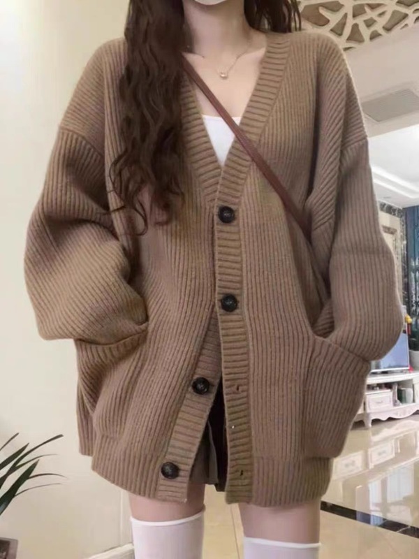 新款秋冬慵懒风V领单排扣羊毛开衫女外套韩版宽松中长款百搭上衣|undefined