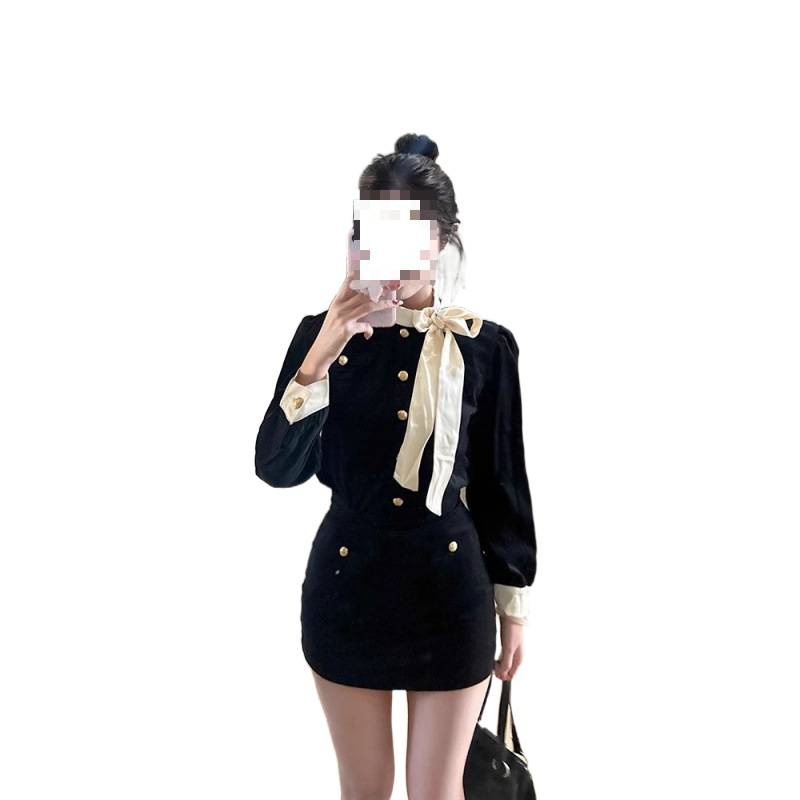 法式秋冬小香风蝴蝶结上衣半身裙子套装女高级气质两件套|undefined