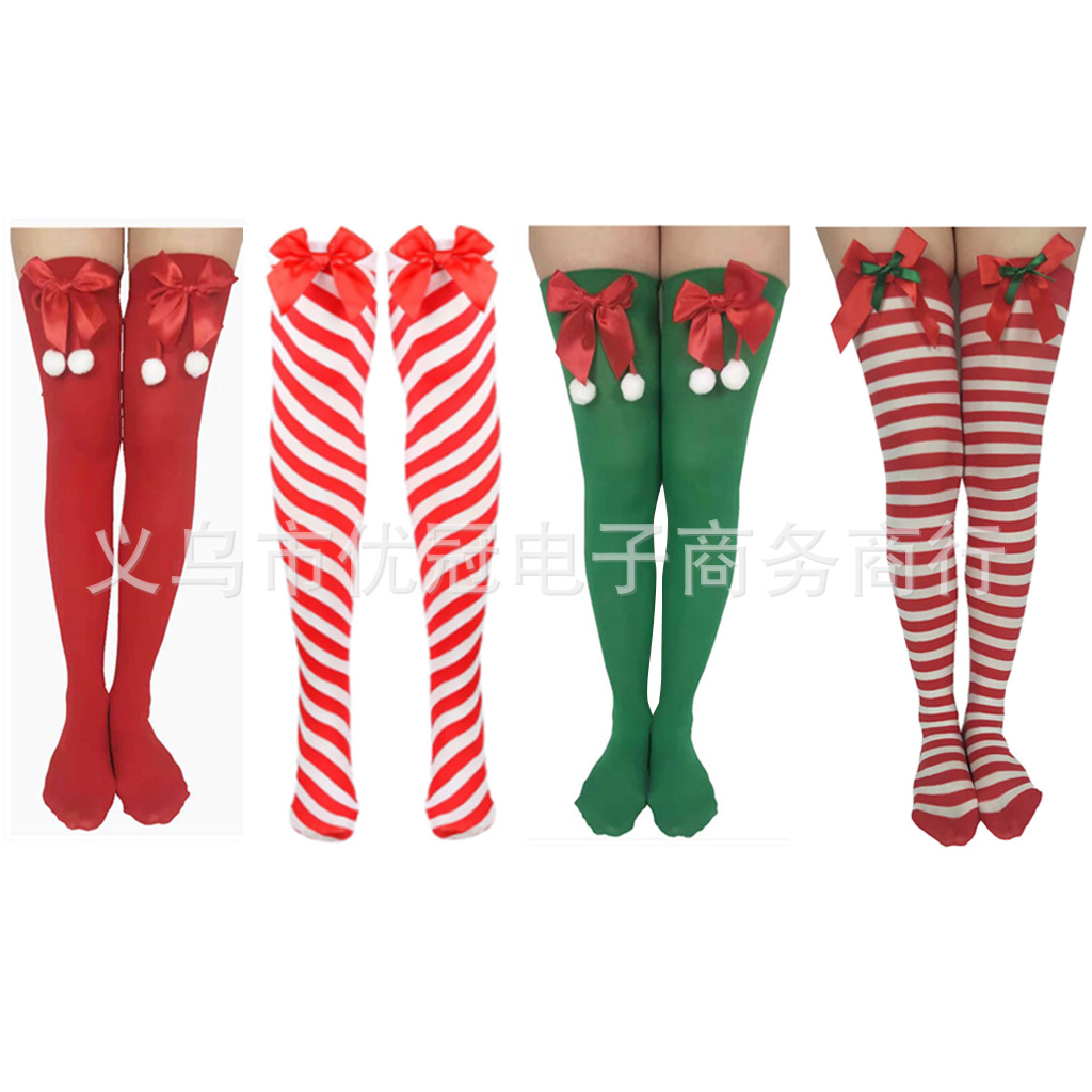 Christmas stockings red and green striped socks clothing accessories sticky three-dimensional Santa Claus accessories over the knee stockings