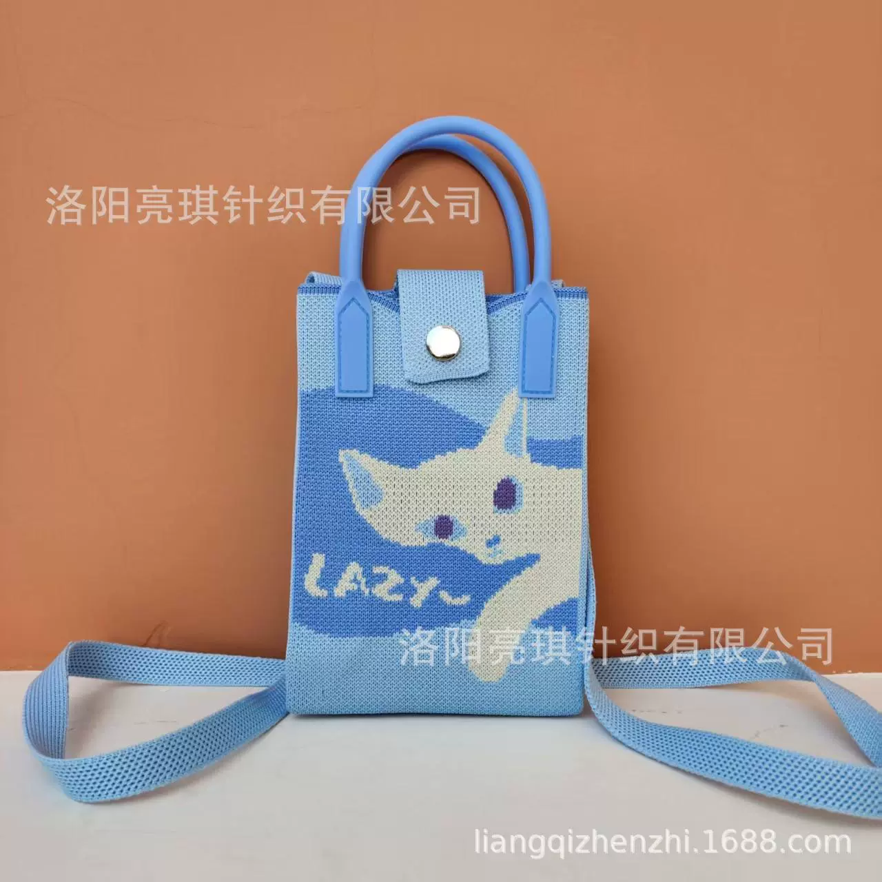 新款编织手机包可爱卡通猫咪手机包针织包包女士休闲包色彩鲜艳包