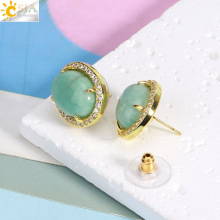 时尚轻奢高级感天然石椭圆形水晶耳钉微镶ins风女生耳饰小饰品