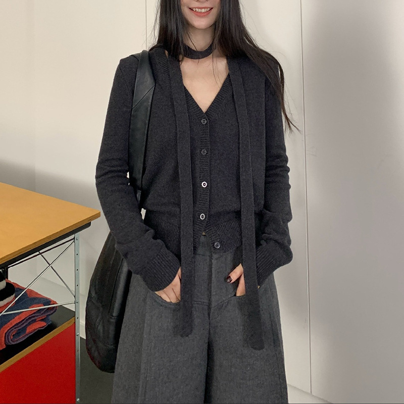 山羊绒挂脖针织开衫女秋季飘带V领显瘦高级小众长袖毛衣外套|undefined