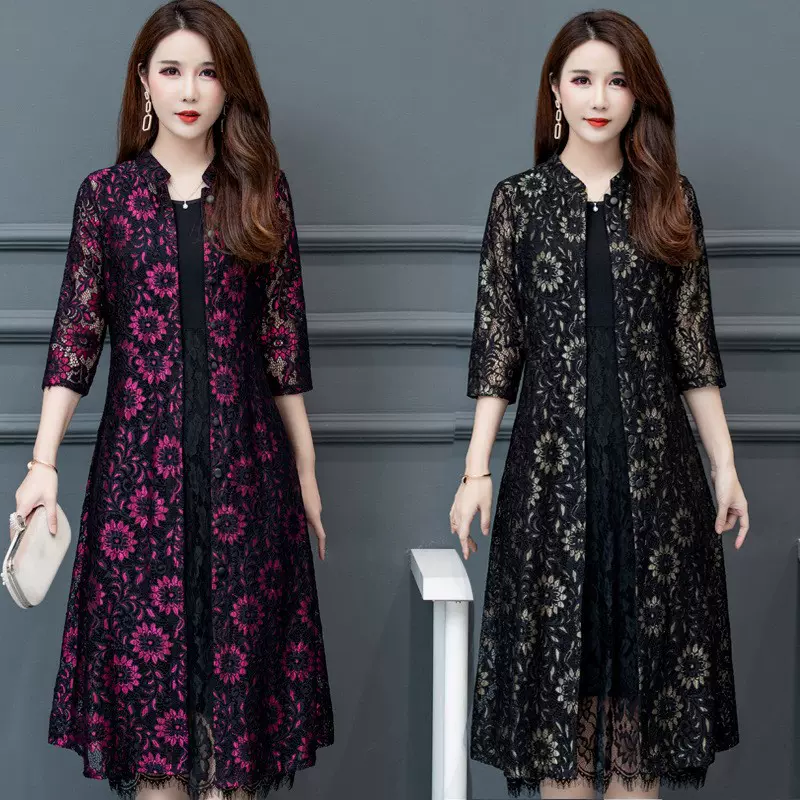 中老年夏季开衫大码显瘦薄款外搭印花披肩蕾丝外套女中长款防晒衣