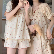 2023韩版全棉提花甜美樱桃撞色宽松舒适春夏外穿家居服睡衣套