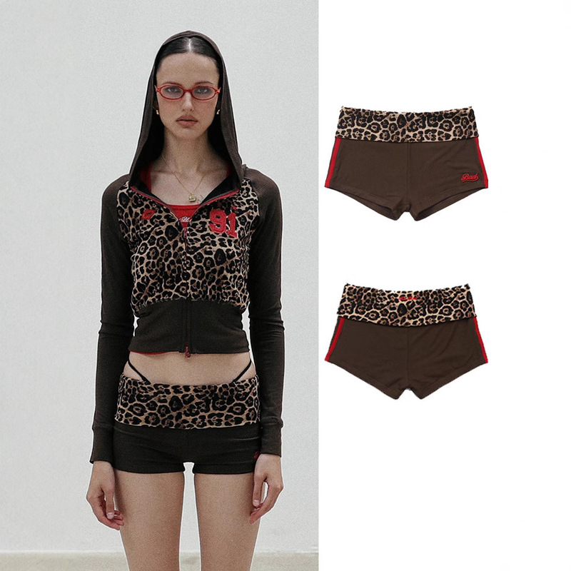 badblood Leopard Print Folding Boxer Shorts Women's American Style Vintage Sexy Spice Girl Color Contrast Embroidered Leggings Trendy