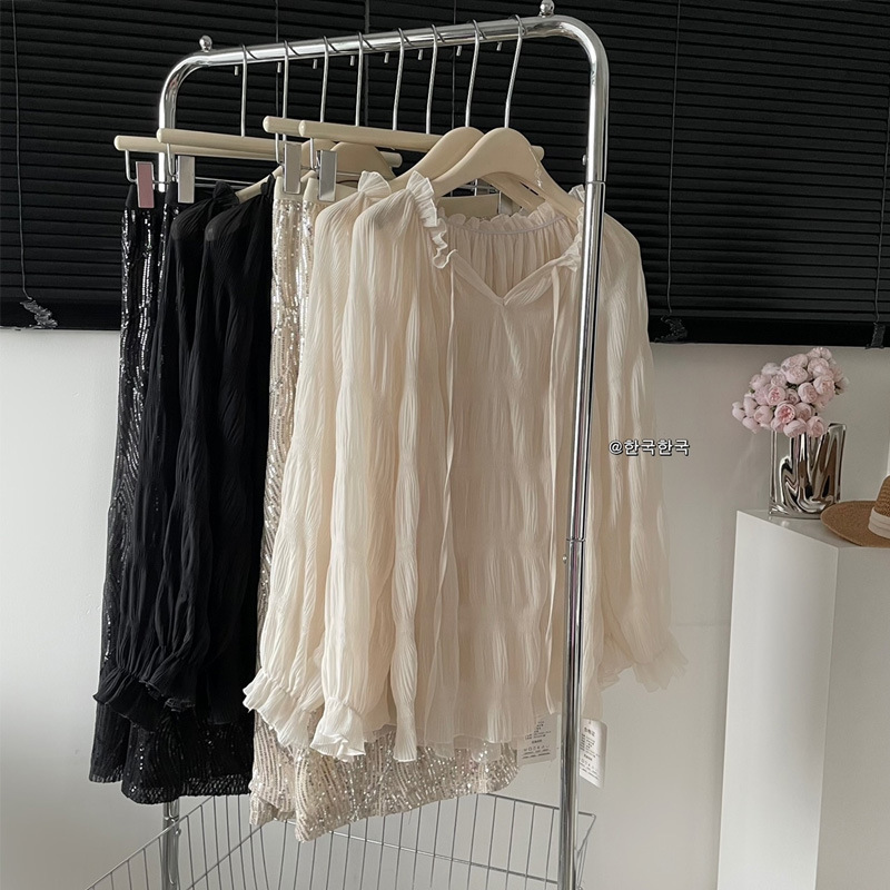 suit Women 2024 Spring and Summer New Fashion Pleated Lace-up Shirt Top Sequin Slit Skirt Trend Summer