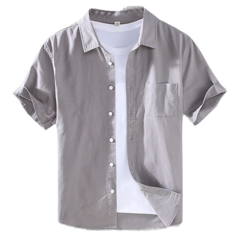 938 Summer Thin Men's Linen Short-sleeved Shirt Casual Cotton and Linen Shirt Men's Linen Solid Color Simple Half-sleeved Top