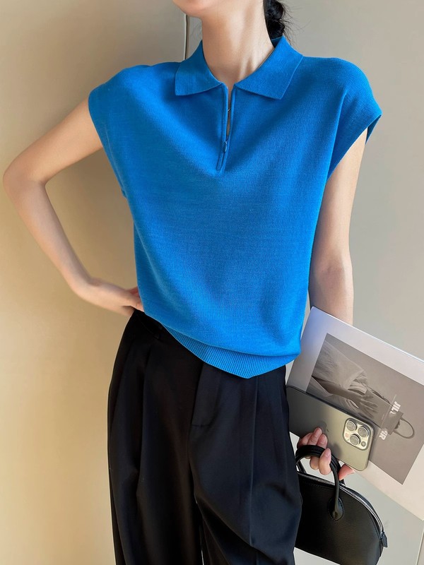 PINKEEN蓝色polo领针织短袖女夏季2025新清爽老钱风百搭套头上衣|undefined