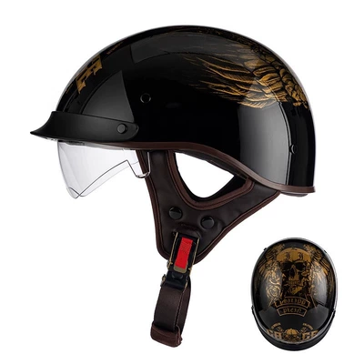 Manufacturer's new cross-border electric car helmet summer retro Harley motorcycle half helmet 3C certified men's and women's same style (Motosiklet kaskı (dəbilqə)) - rw-15-bright-black-gold-skull-black-mirror-m