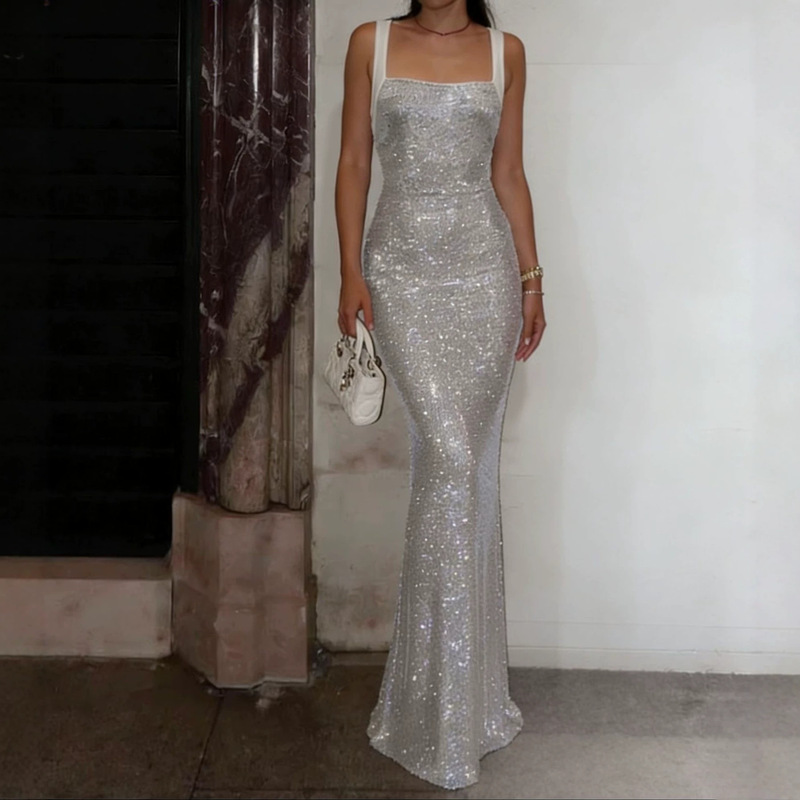 European and American Style Women's Silver Sequin Evening Dress, Square Neck, Spaghetti Straps, Slim Fit, Bodycon, Mermaid Long Dress