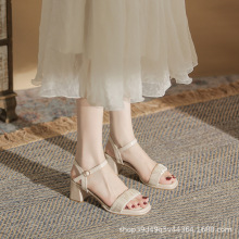 法式仙女风粗跟凉鞋女2023年新款夏季高跟一字带凉鞋