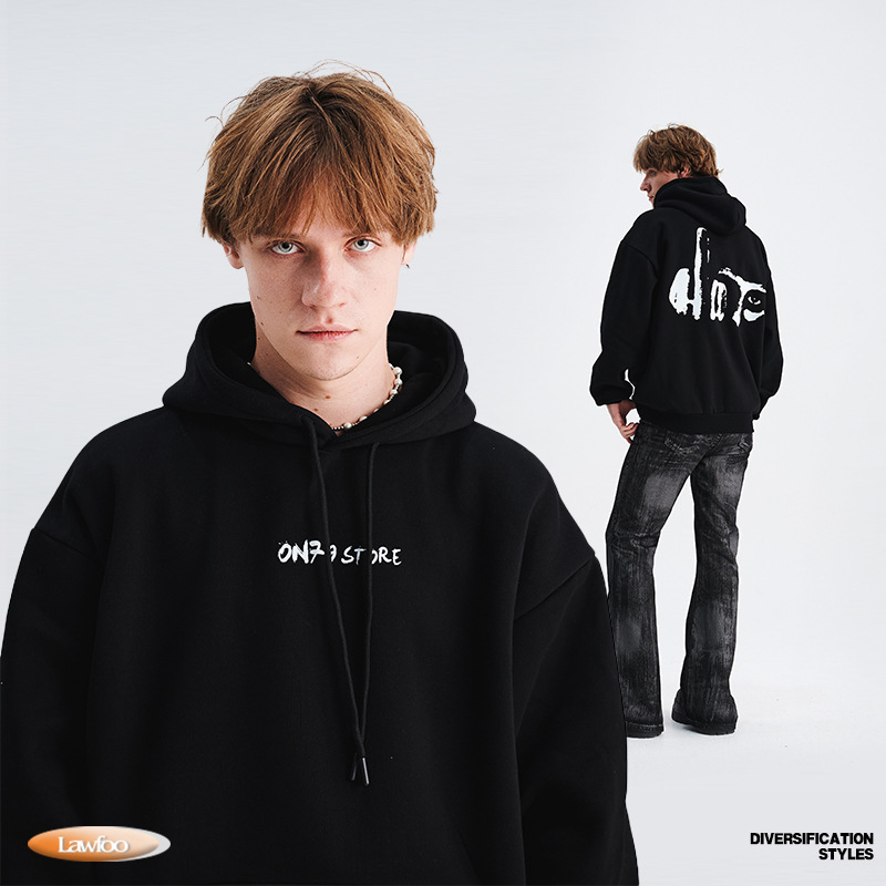 Vīriešu Apģērbi rudens un ziemas jauns nacionālais plūdmaiņas zīmols vīriešu apģērbs smags žestu apdruka flīss biezs džemperis ar kapuci vīriešu brīvs_voghion.com