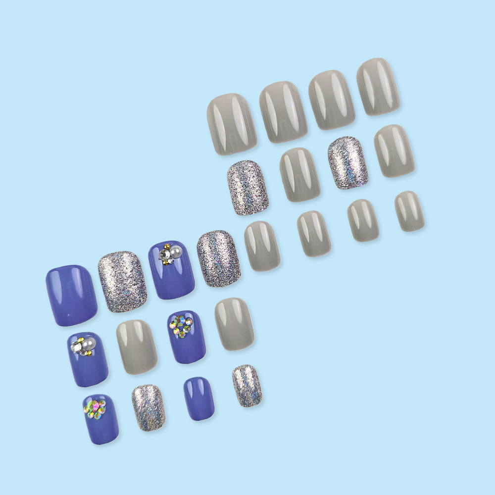 Azul gris plata brillante diamante ligero lujo manicure transfronterizo venta caliente temperamento simple desgaste de uñas 24 piezas de parche de uñas