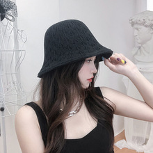 韓版純色氣質水桶帽新款蕾絲花紋針織帽子女夏季遮陽帽透氣可折疊