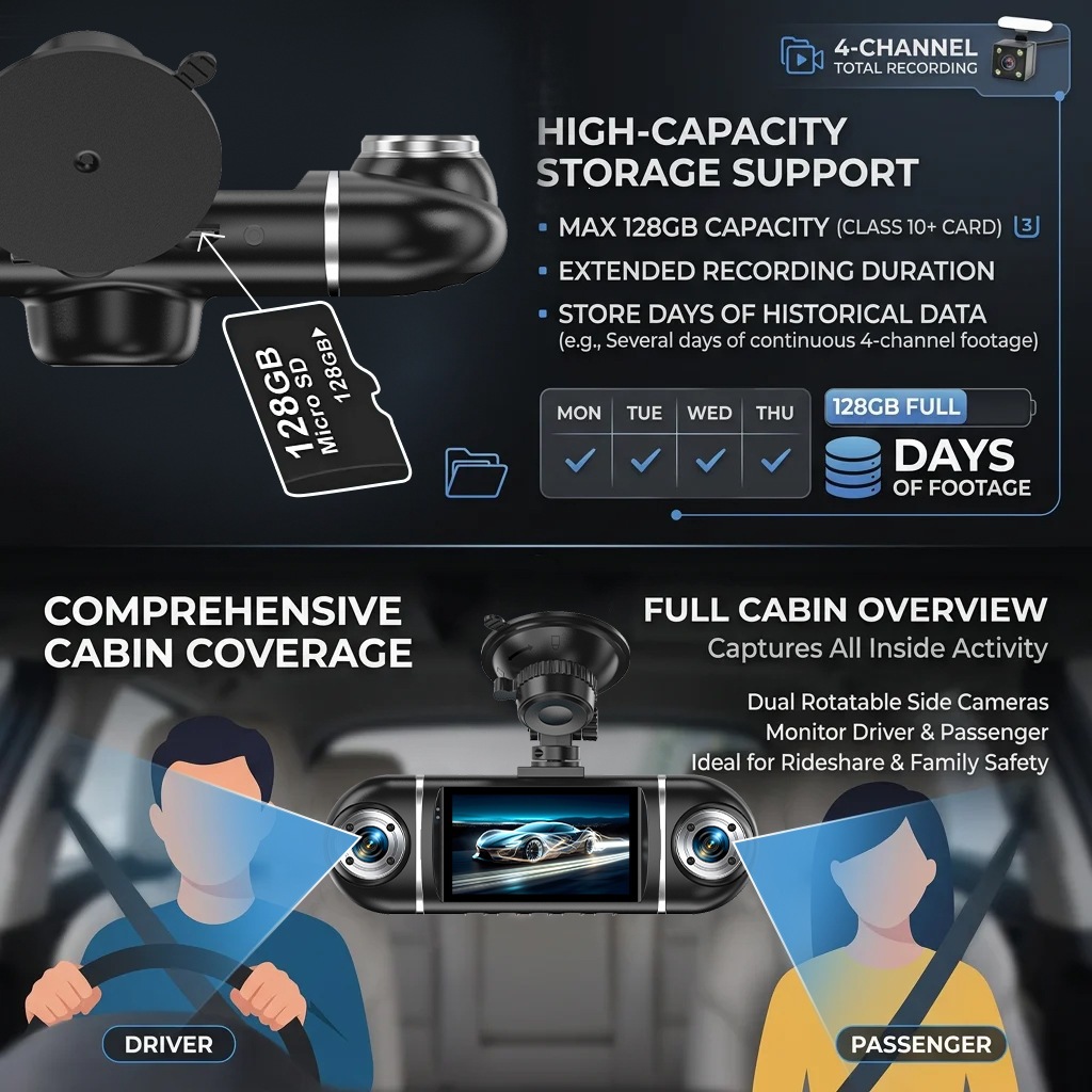 Cross-border dashcam with four recording channels, WiFi mobile phone connectivity, Z86 four-lens car recorder with reverse camera