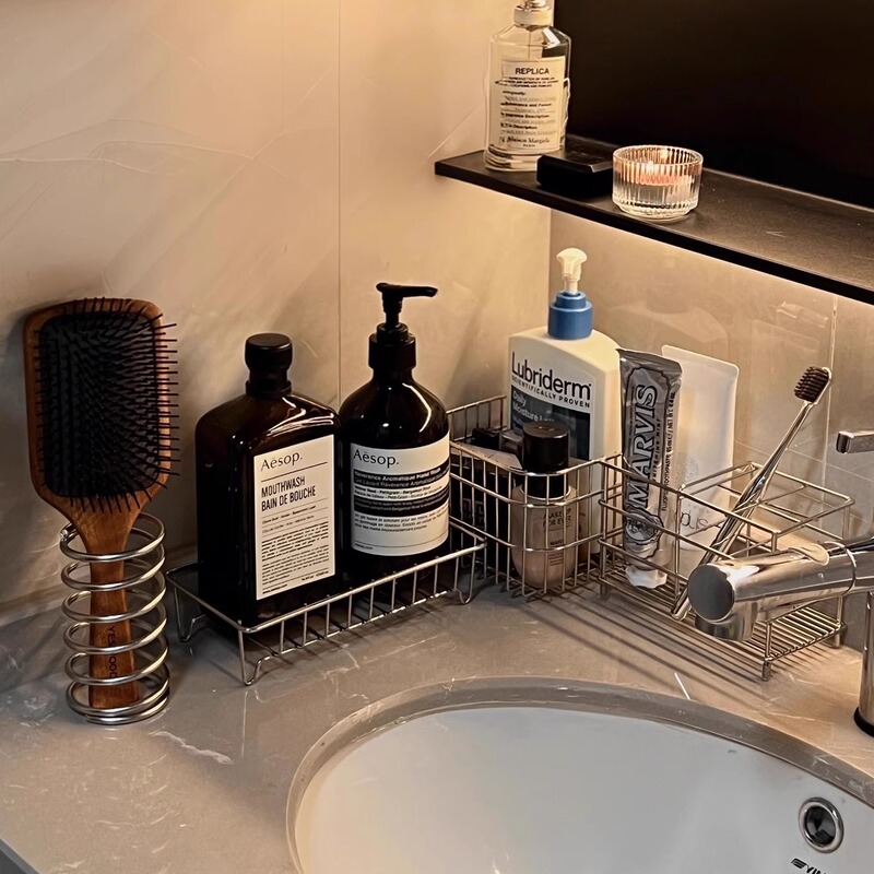 Single-Layer Storage Rack for Washbasin, Desktop Organizer, Draining Basket, Stainless Steel Toothbrush Holder, Makeup Brush Holder, Bathroom