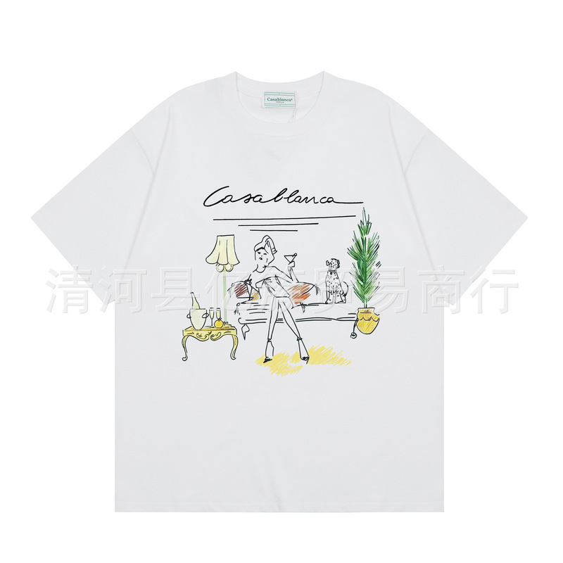 Cross-border foreign trade spring and summer new 280g double yarn Casablanca painted digital direct spray CASA short sleeve T-shirt 3