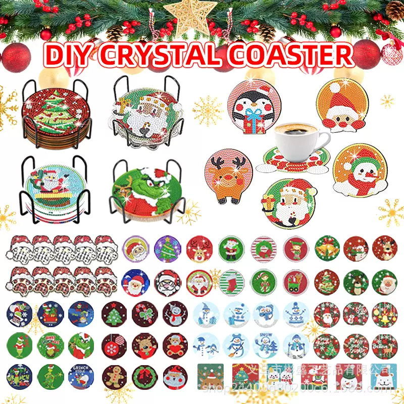 5d钻石画杯垫圣诞老人diy手工单面贴钻餐垫砖石画亚马逊厂家批发