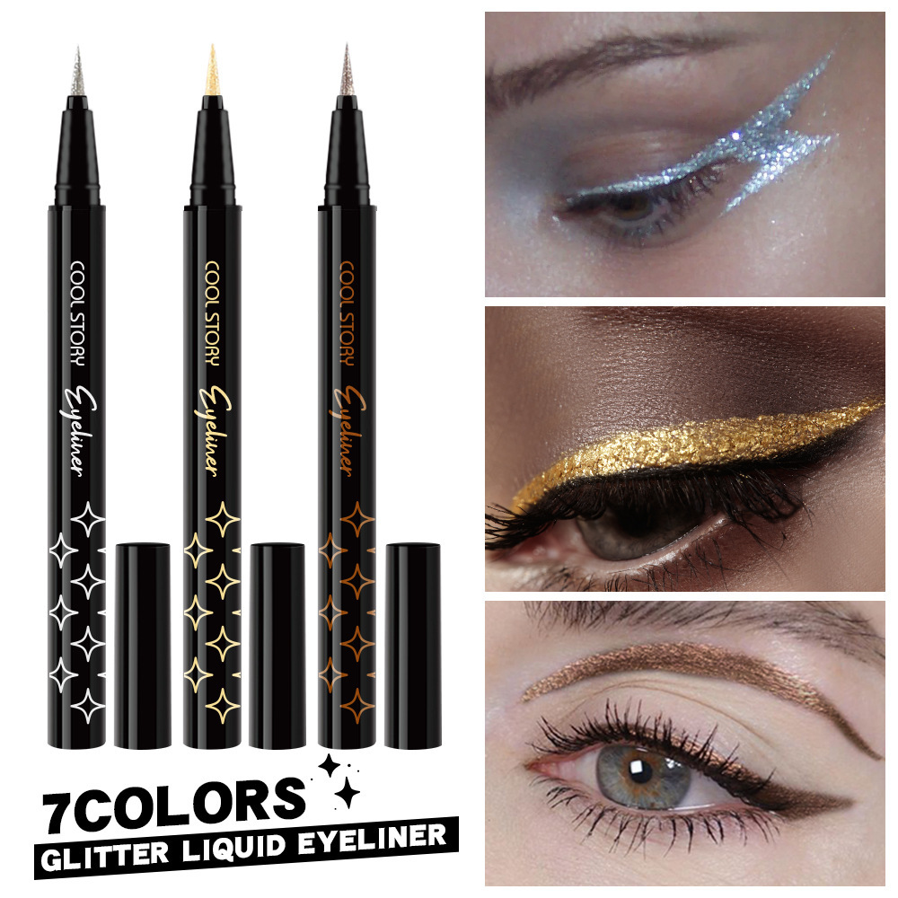 Cool story delineador de ojos líquido de alto brillo nacarado fino destello brillante bolígrafo de gusano de seda horizontal de metal de secado rápido y sudor impermeable duradero