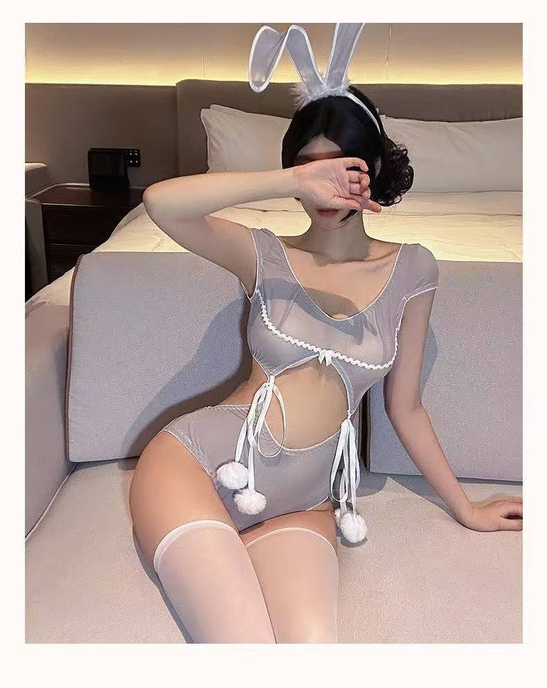 Bunny Girl Bodysuit Costume Set with Ears and White Stockings, Grey Sheer Polyester — detail image 11