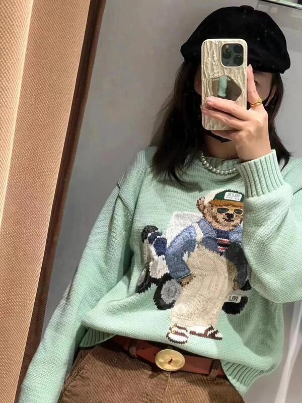 ポニー~秋冬レディースセーター、クマ刺繍、クマ織り花柄、ニットラウンドネックプルオーバートップス、万能|undefined