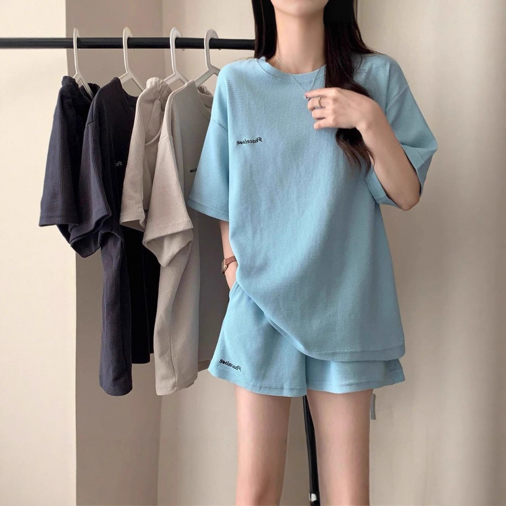 Summer Korean Style Loose Four-Color Waffle Sportswear Suit for Women, Slim Short-Sleeved Shorts, Casual Two-Piece Set