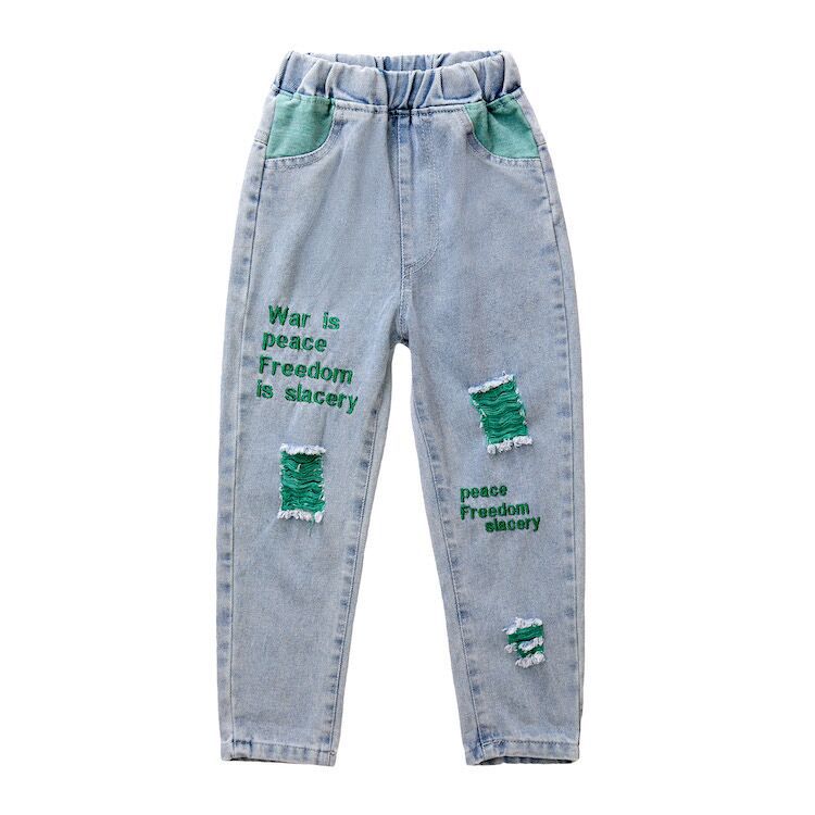 Girls' jeans, spring and autumn style, girls' holes, Korean style foreign style pants, big boys' loose baby, children's pants fashion