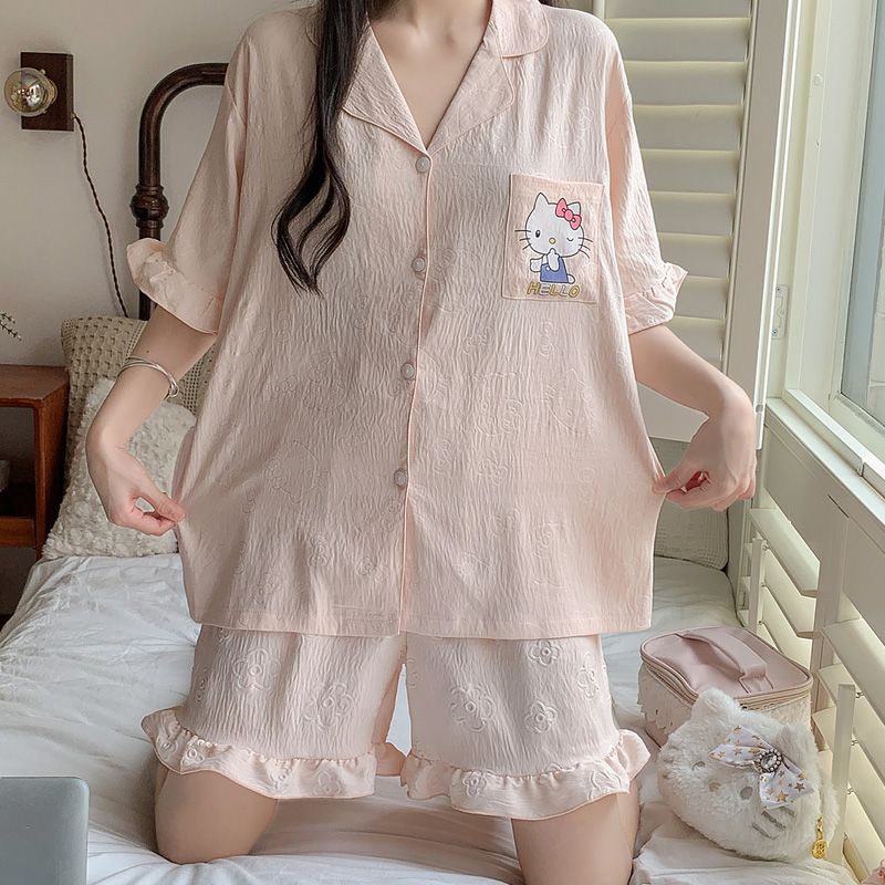 Venta al por mayor transfronteriza nuevo estilo verano nube algodón jacquard pijama mujer rebeca de solapa manga corta lindo conjunto de servicio a domicilio informal