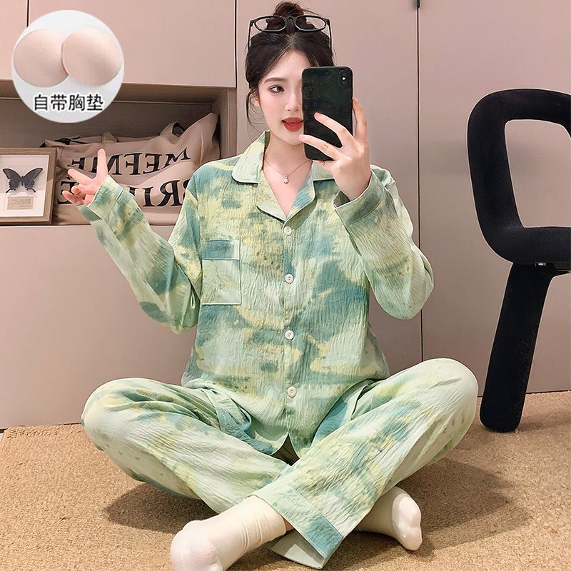 新中式睡衣女春秋季新款带胸垫云朵棉刺绣开衫长袖宽松家居服套装|undefined