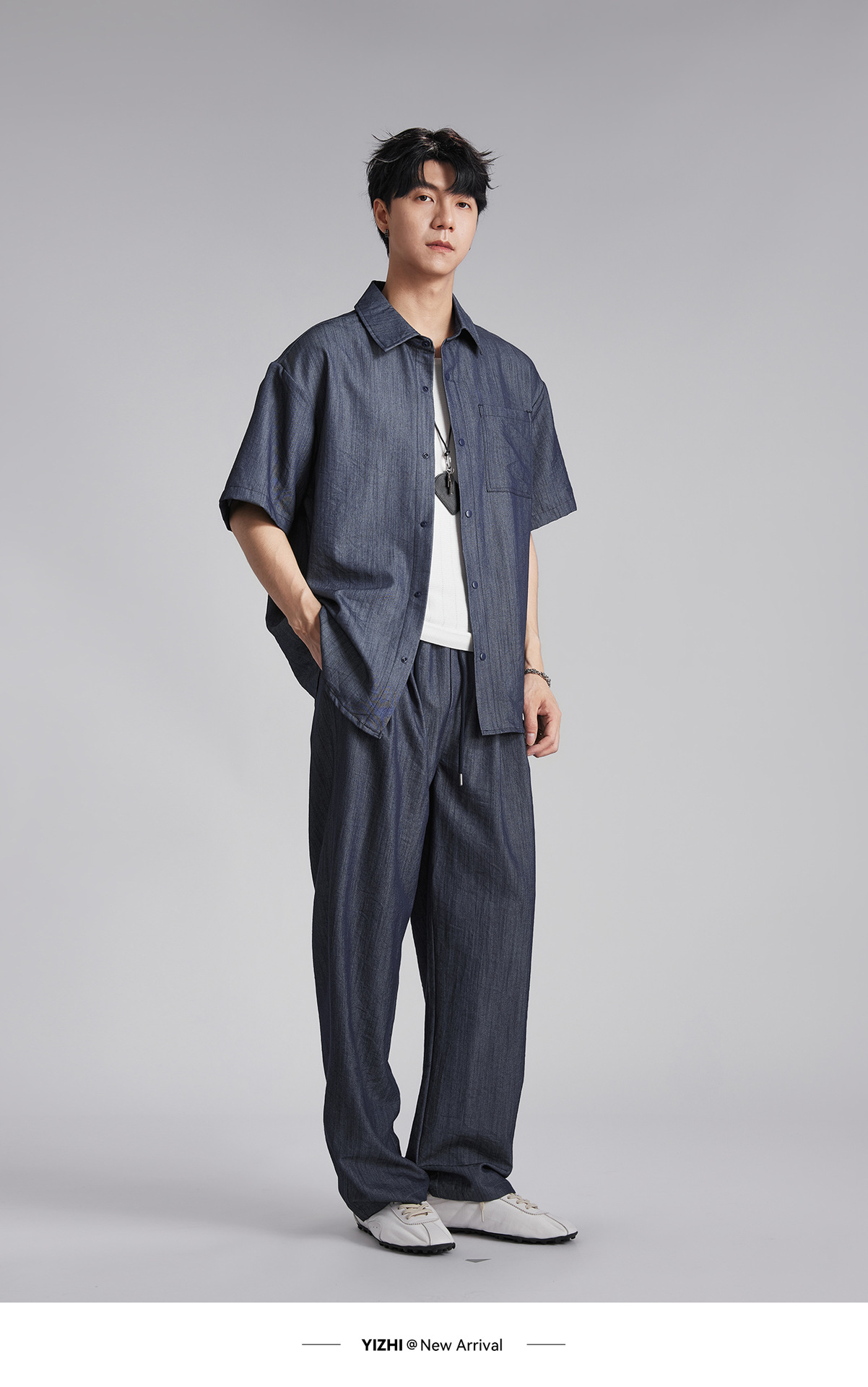 Bộ đồ thể thao nam phong cách denim giả, áo sơ mi dài tay phối quần ống rộng — Tây Tạng màu xanh - quần dài chi tiết 11