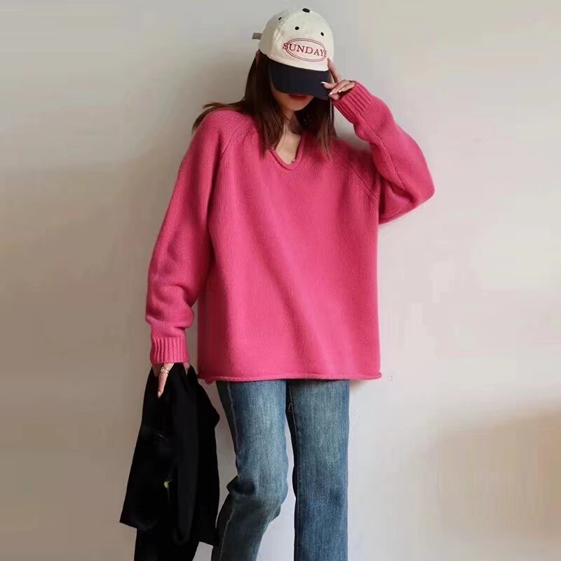 Korean Style New Women's Pure Wool Curl V-neck Knitted Base Pullover Loose Simple Casual Autumn and Winter Long-sleeved Sweater