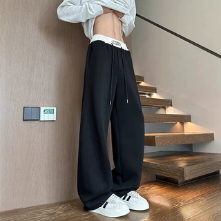 撞色腰带弯刀卫裤男士春秋季美式潮牌运动直筒裤宽松阔腿休闲长裤
