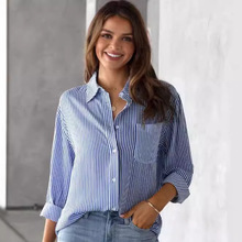 齐色齐码  2024欧美外贸衬衫女长袖宽松休闲百搭条纹职业装衬衣