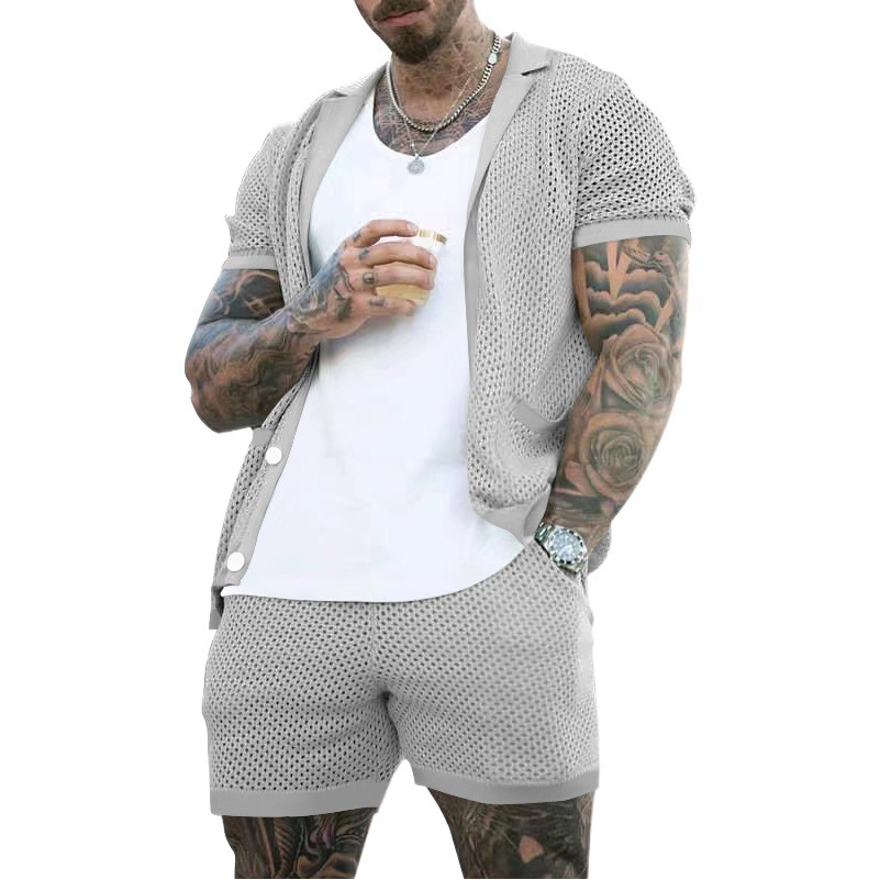 2024 Amazon traje de pantalones cortos de manga corta para hombre rebeca de solapa de tela de agujero frío traje de dos piezas de verano para hombre