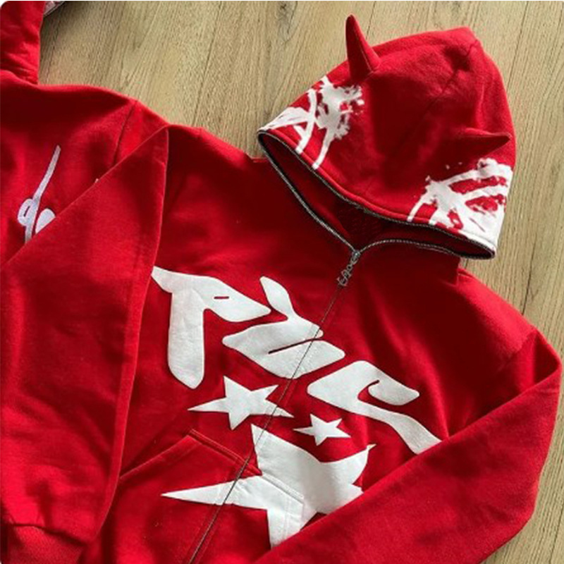 Modny zabawny róg byka swobodny luźny płaszcz top hip hop punk długi rękaw męski i damski sweter z kapturem kardigan_voghion.com