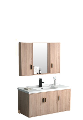 Nordic solid wood paintless bathroom cabinet set, minimalist face wash sink, small household bathroom vanity mirror cabinet