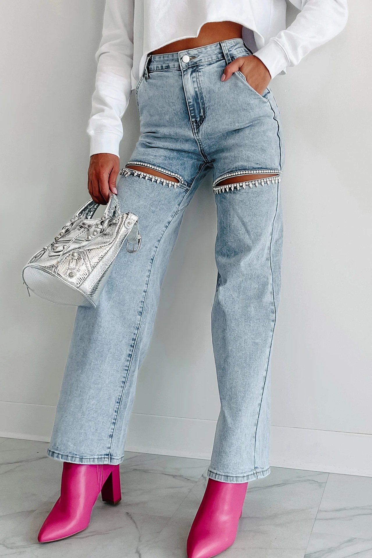 Micro-Elastic Elasticity Women's Daily Streetwear Solid Color Full Length Ripped Jeans Straight Pants
